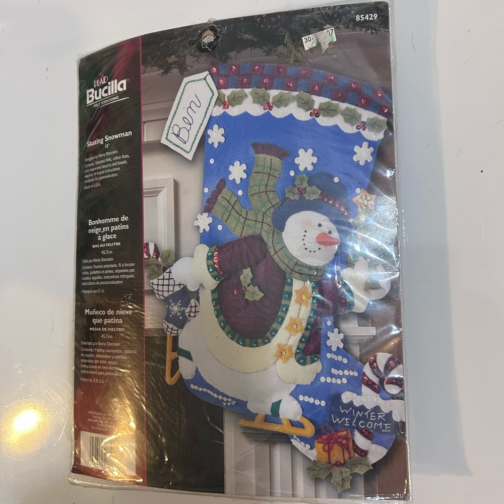 Skating Snowman Felt Embroidery Stocking Kit 85429 Bejeweled Ice Skate Christmas